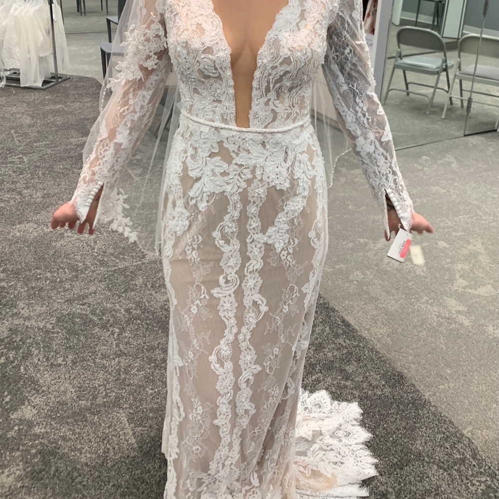 David's Bridal Sheer Lace Wedding Gown in White and Cream